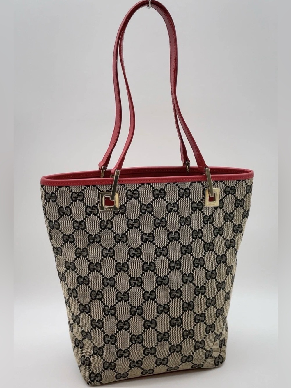 Gucci Beige Monogram Tote Red Trim & Straps EXCELLENT leather canvas bucket bag